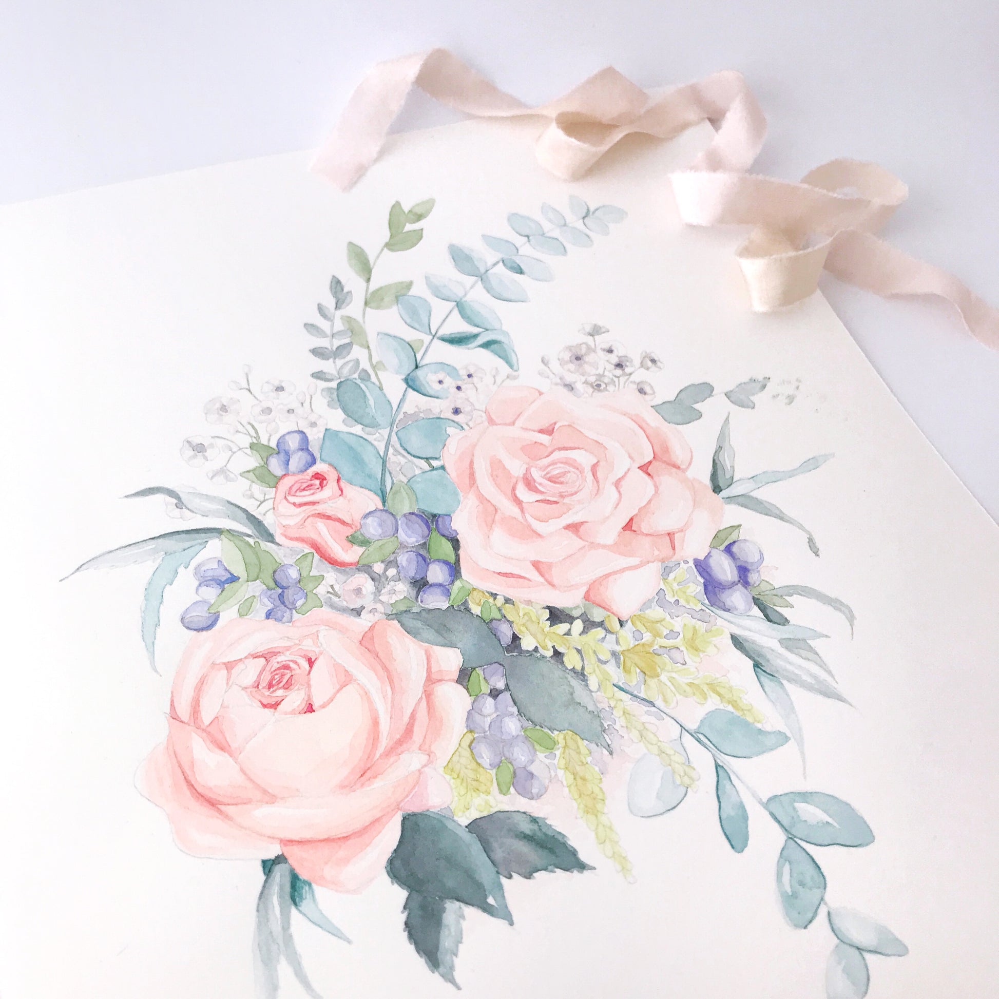 Reproduction imprimée d'une aquarelle représentant un bouquet de roses
