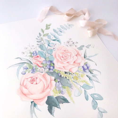 Reproduction imprimée d'une aquarelle représentant un bouquet de roses